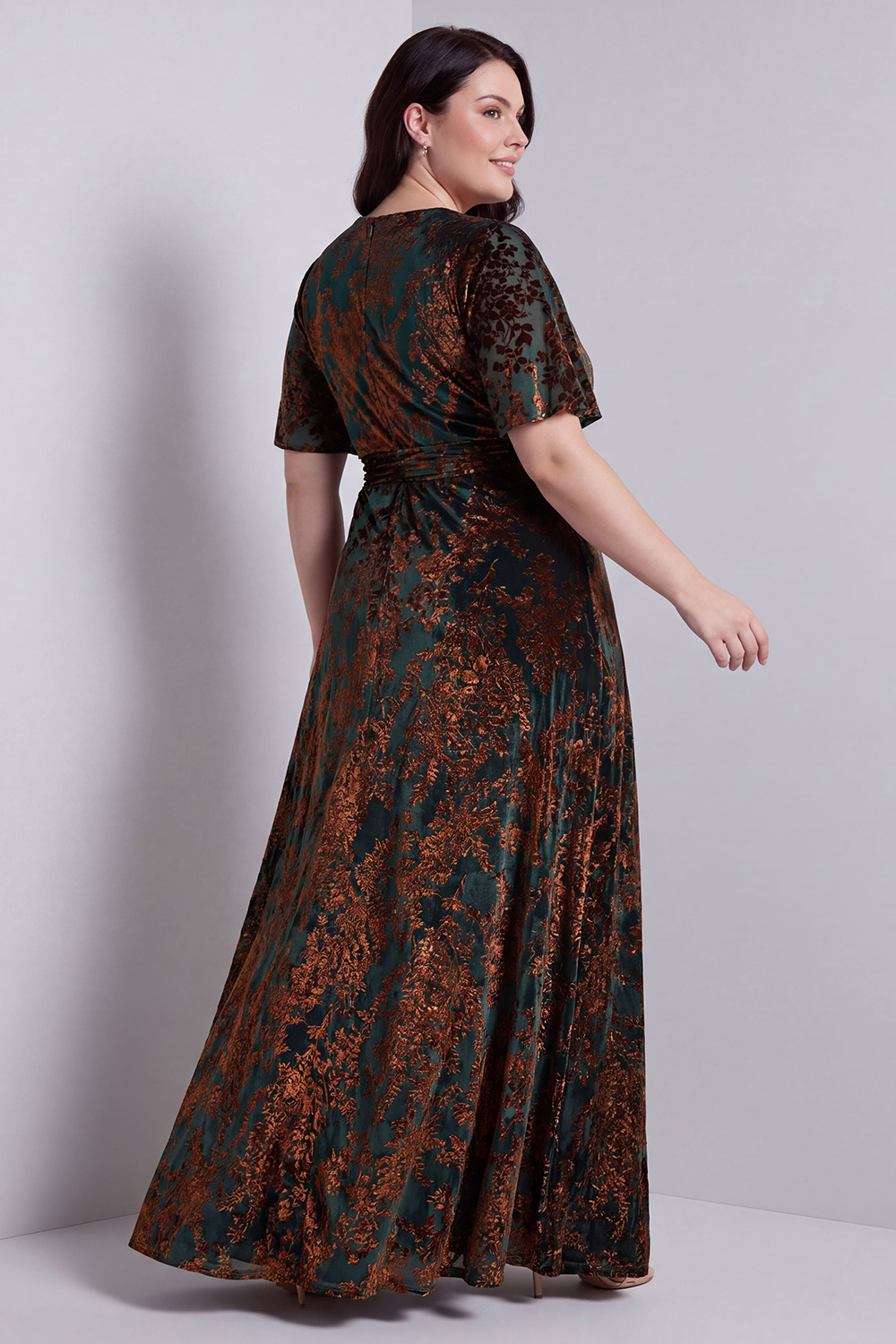Dark Green A-Line Burnout Velvet V-Neck Short Sleeves Long Mother Of Bride Dress with Slit