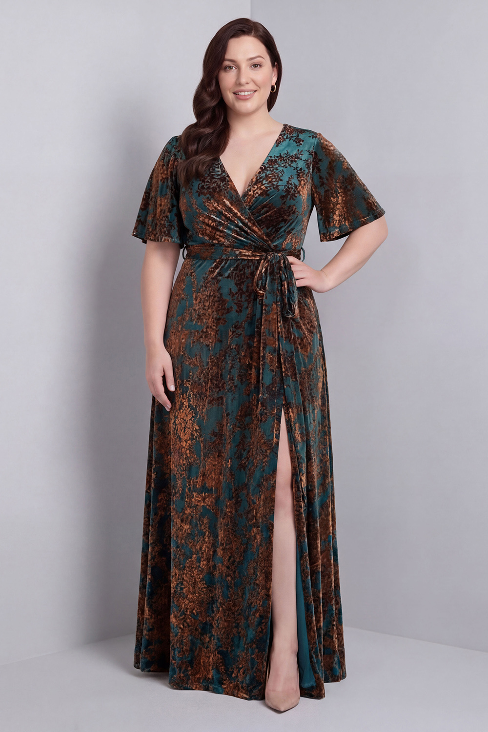 Dark Green A-Line Burnout Velvet V-Neck Short Sleeves Long Mother Of Bride Dress with Slit