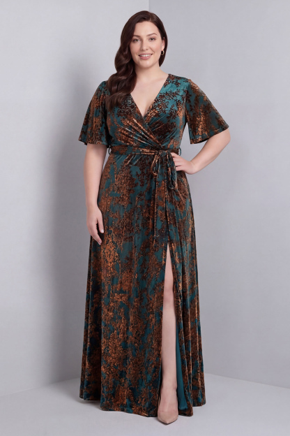 Dressself Women Dark Green A-Line Mother Of Bride Dress with Slit Burnout Velvet Floral V-Neck Short Sleeve Long Wedding Guest Dress