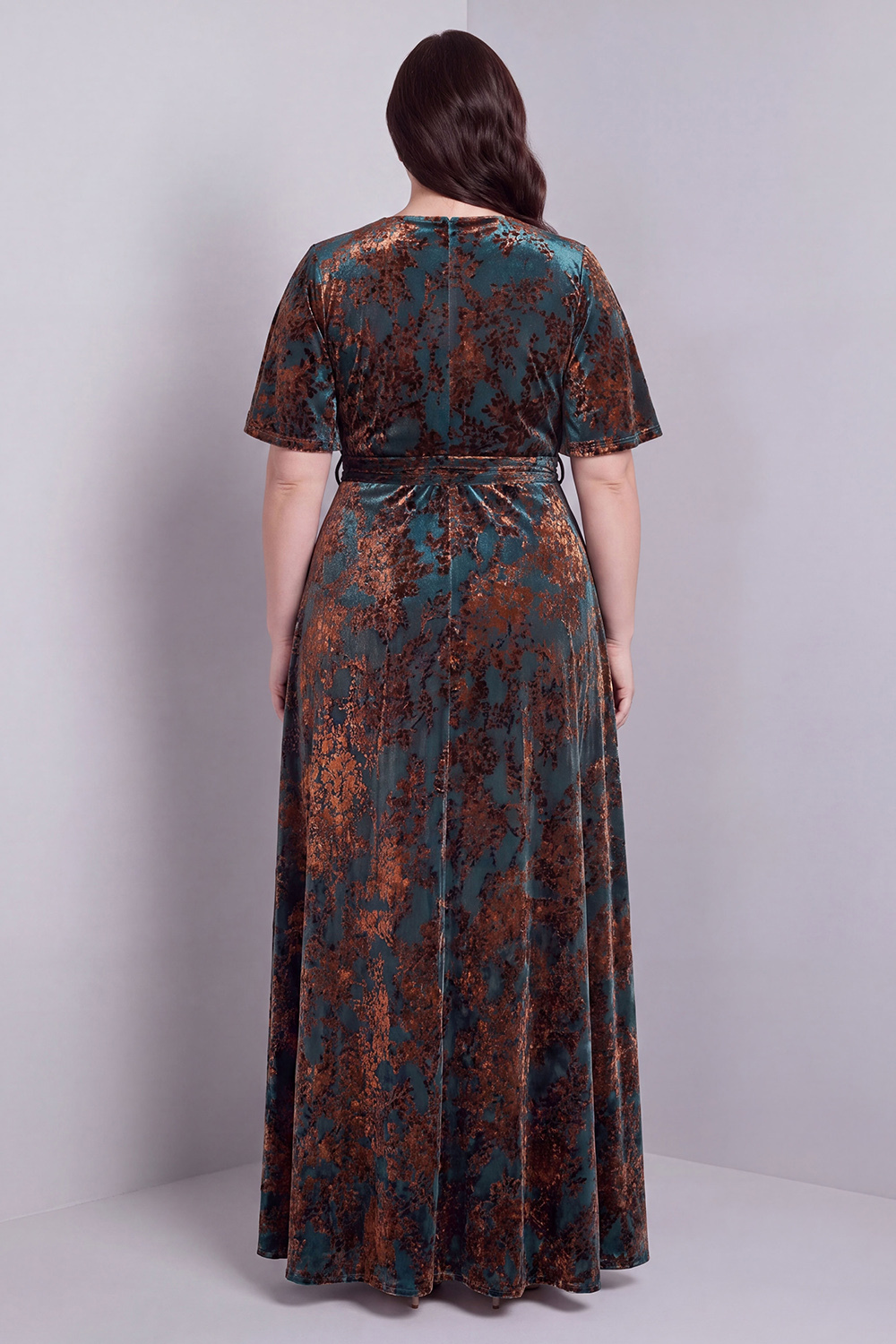 Dark Green A-Line Burnout Velvet V-Neck Short Sleeves Long Mother Of Bride Dress with Slit
