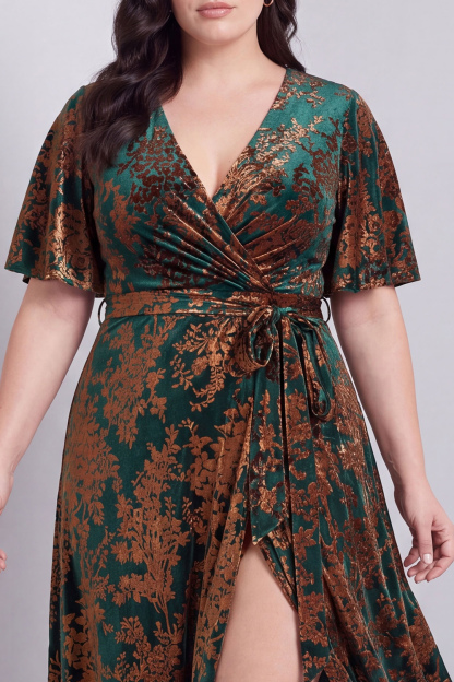 Dark Green A-Line Burnout Velvet V-Neck Short Sleeves Long Mother Of Bride Dress with Slit