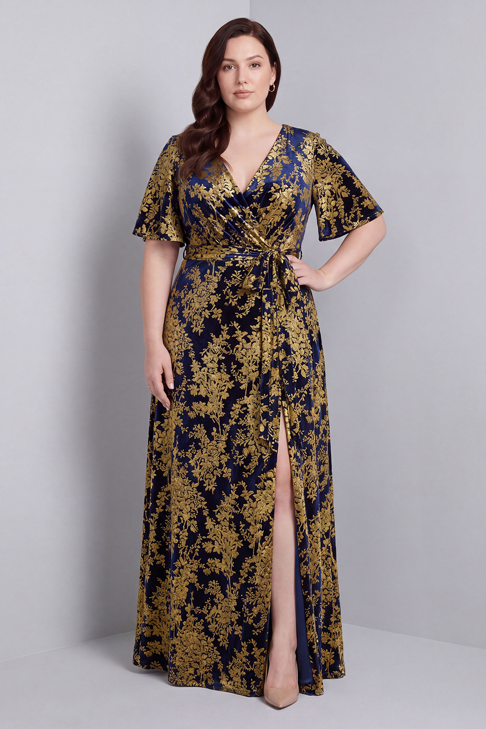Dark Green A-Line Burnout Velvet V-Neck Short Sleeves Long Mother Of Bride Dress with Slit