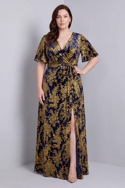 Dark Green A-Line Burnout Velvet V-Neck Short Sleeves Long Mother Of Bride Dress with Slit