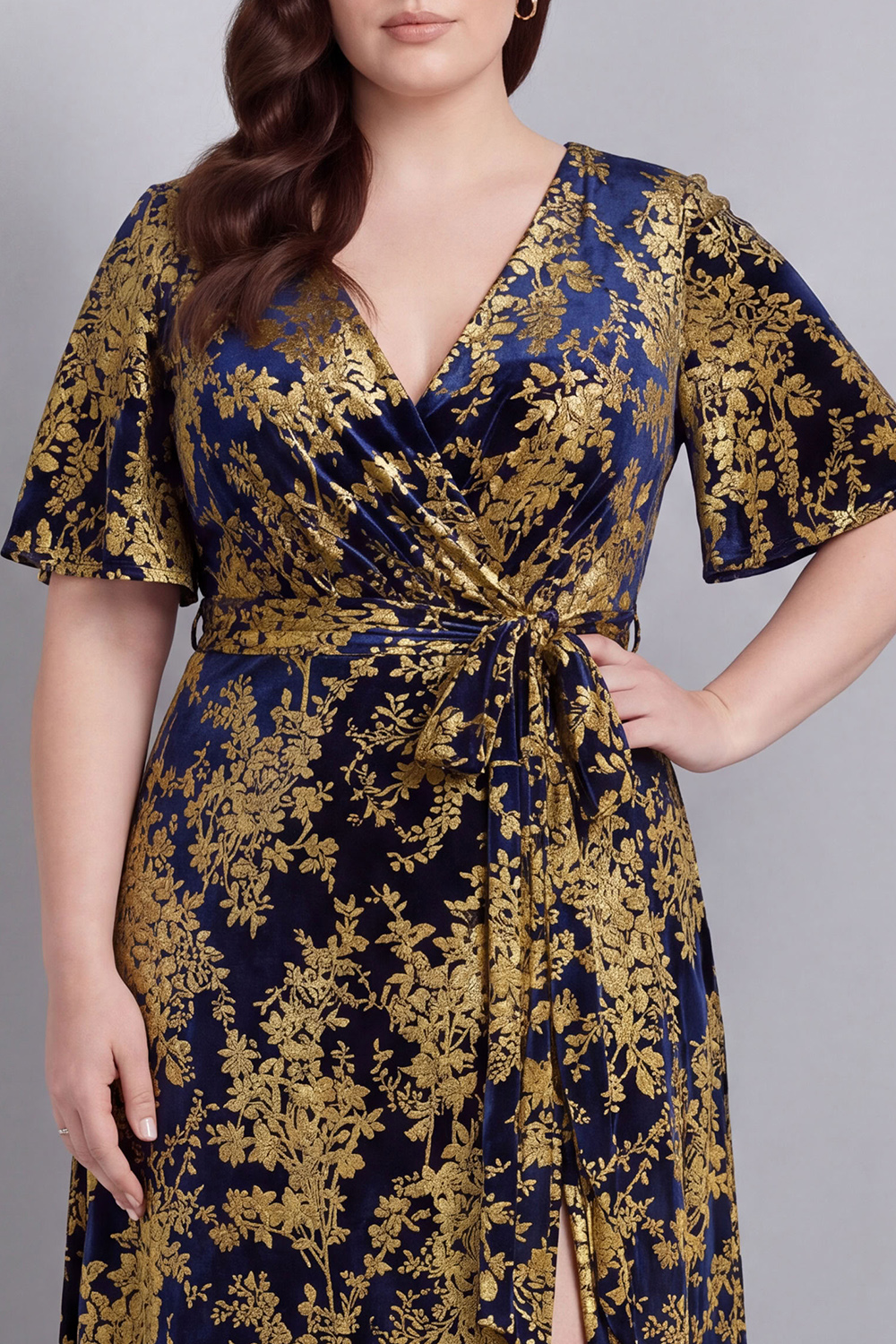 Dark Green A-Line Burnout Velvet V-Neck Short Sleeves Long Mother Of Bride Dress with Slit