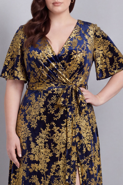 Dark Green A-Line Burnout Velvet V-Neck Short Sleeves Long Mother Of Bride Dress with Slit
