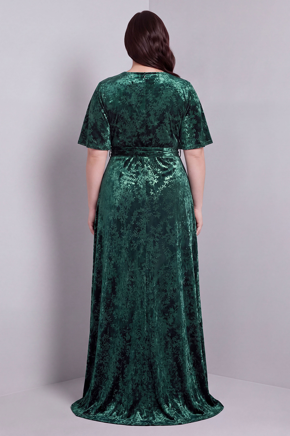 Dark Green A-Line Burnout Velvet V-Neck Short Sleeves Long Mother Of Bride Dress with Slit