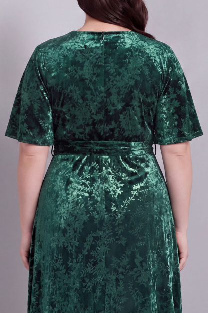 Dark Green A-Line Burnout Velvet V-Neck Short Sleeves Long Mother Of Bride Dress with Slit
