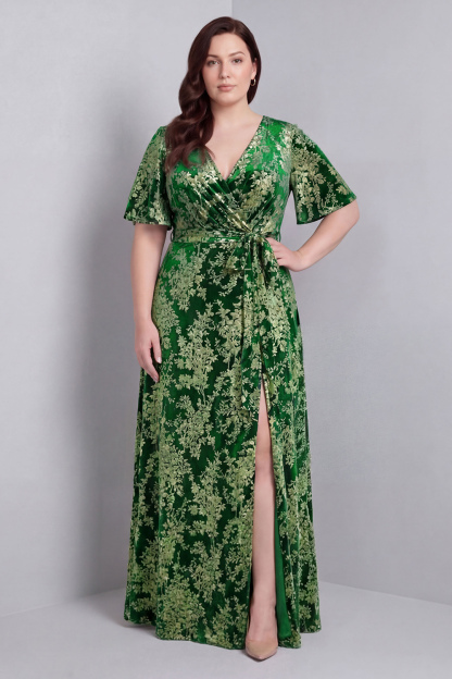 Dark Green A-Line Burnout Velvet V-Neck Short Sleeves Long Mother Of Bride Dress with Slit
