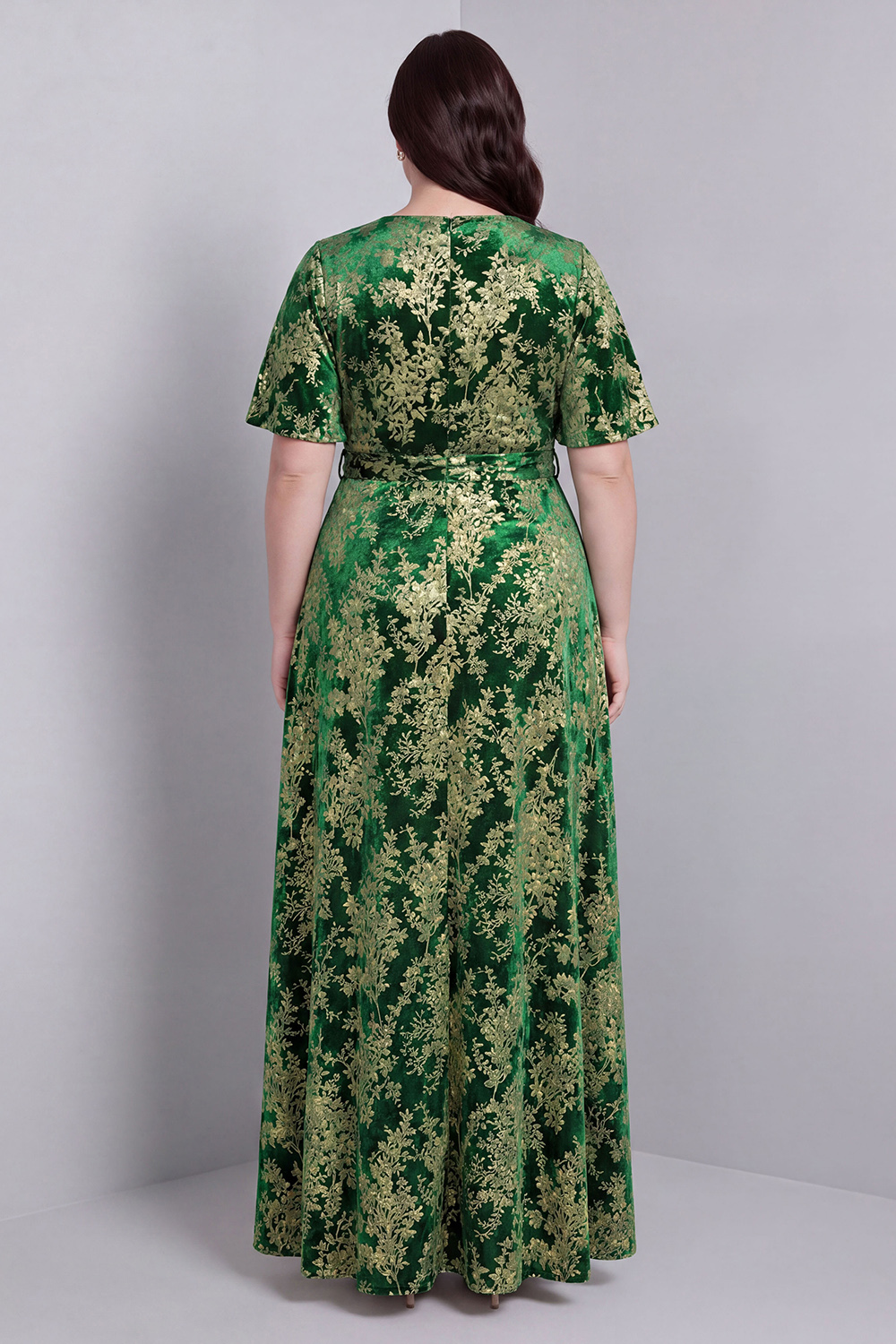 Dark Green A-Line Burnout Velvet V-Neck Short Sleeves Long Mother Of Bride Dress with Slit