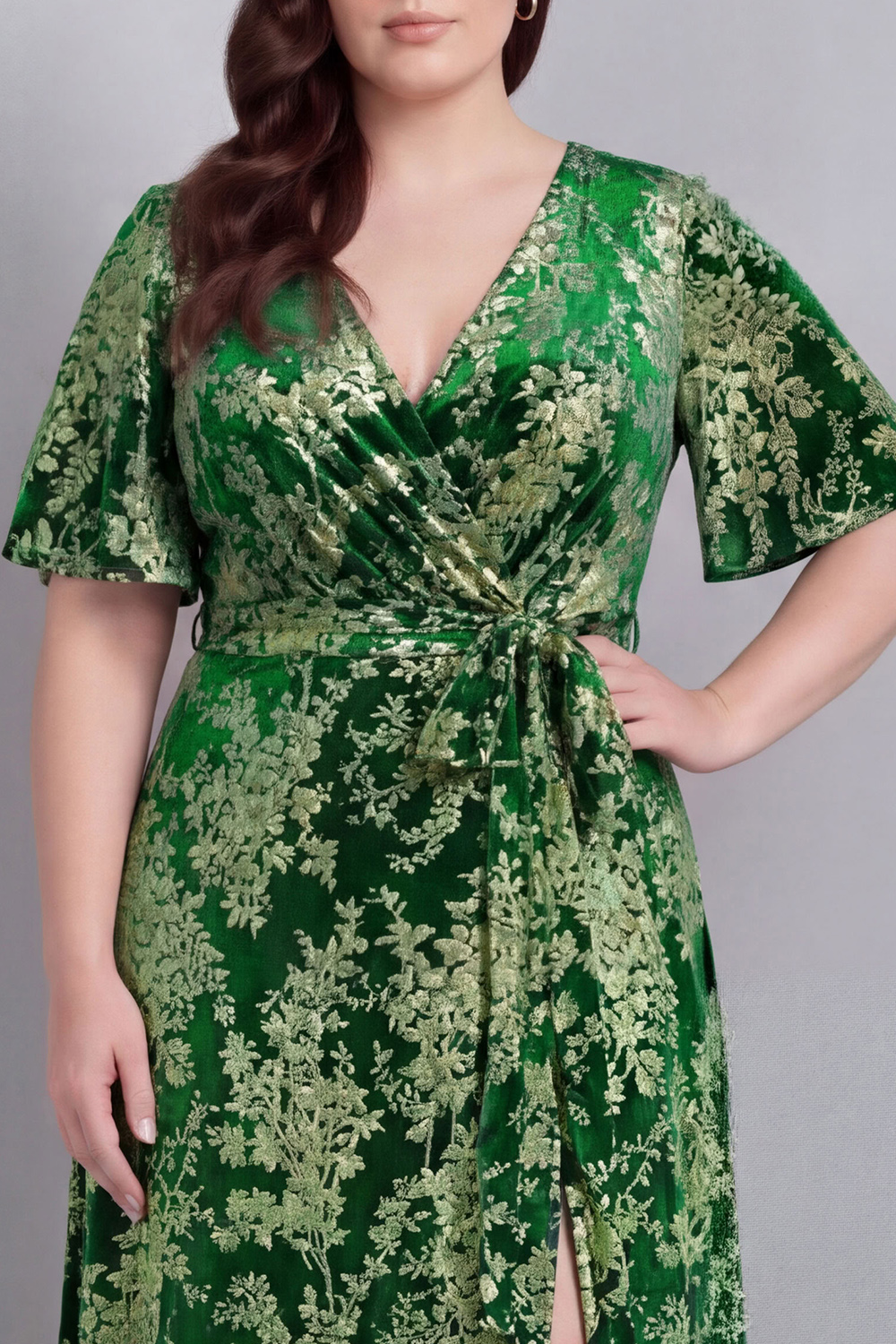 Dark Green A-Line Burnout Velvet V-Neck Short Sleeves Long Mother Of Bride Dress with Slit