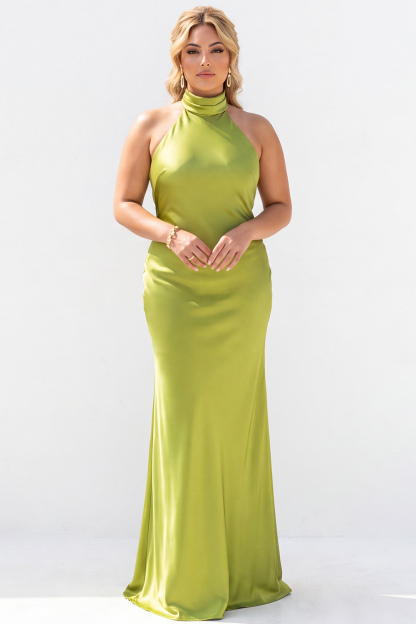 Dressself Women Lemon Green Long Bridesmaid Dress Halter Mermaid Satin Wedding Guest Dress