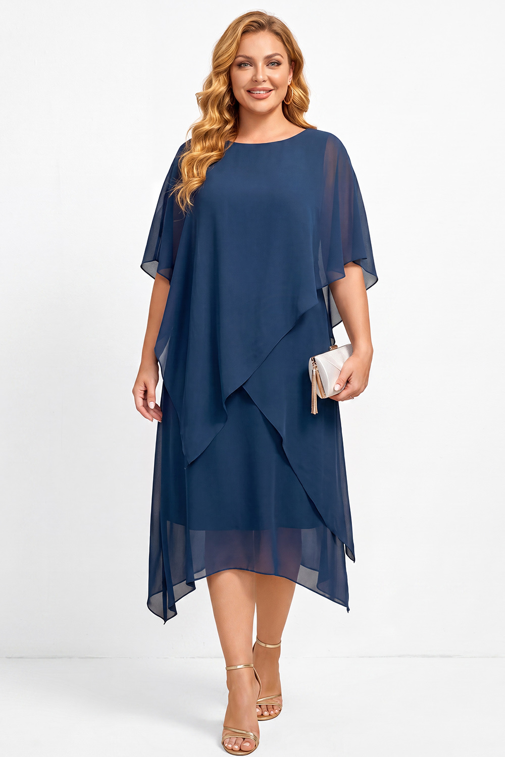 Dressself Women Navy Mother Of Bride Dress A-Line Chiffon Bateau Neck Plus Size Midi Wedding Guest Dress