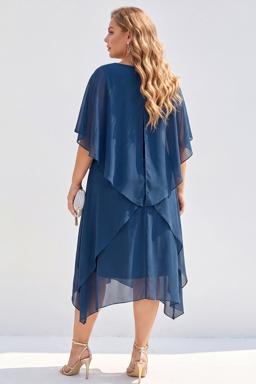 Navy Plus Size Chiffon A-Line Bateau Neck Midi Mother of the Bride Dress 