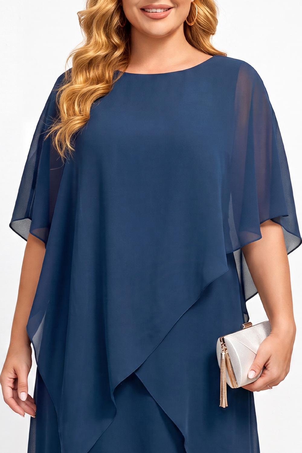 Navy Plus Size Chiffon A-Line Bateau Neck Midi Mother of the Bride Dress 