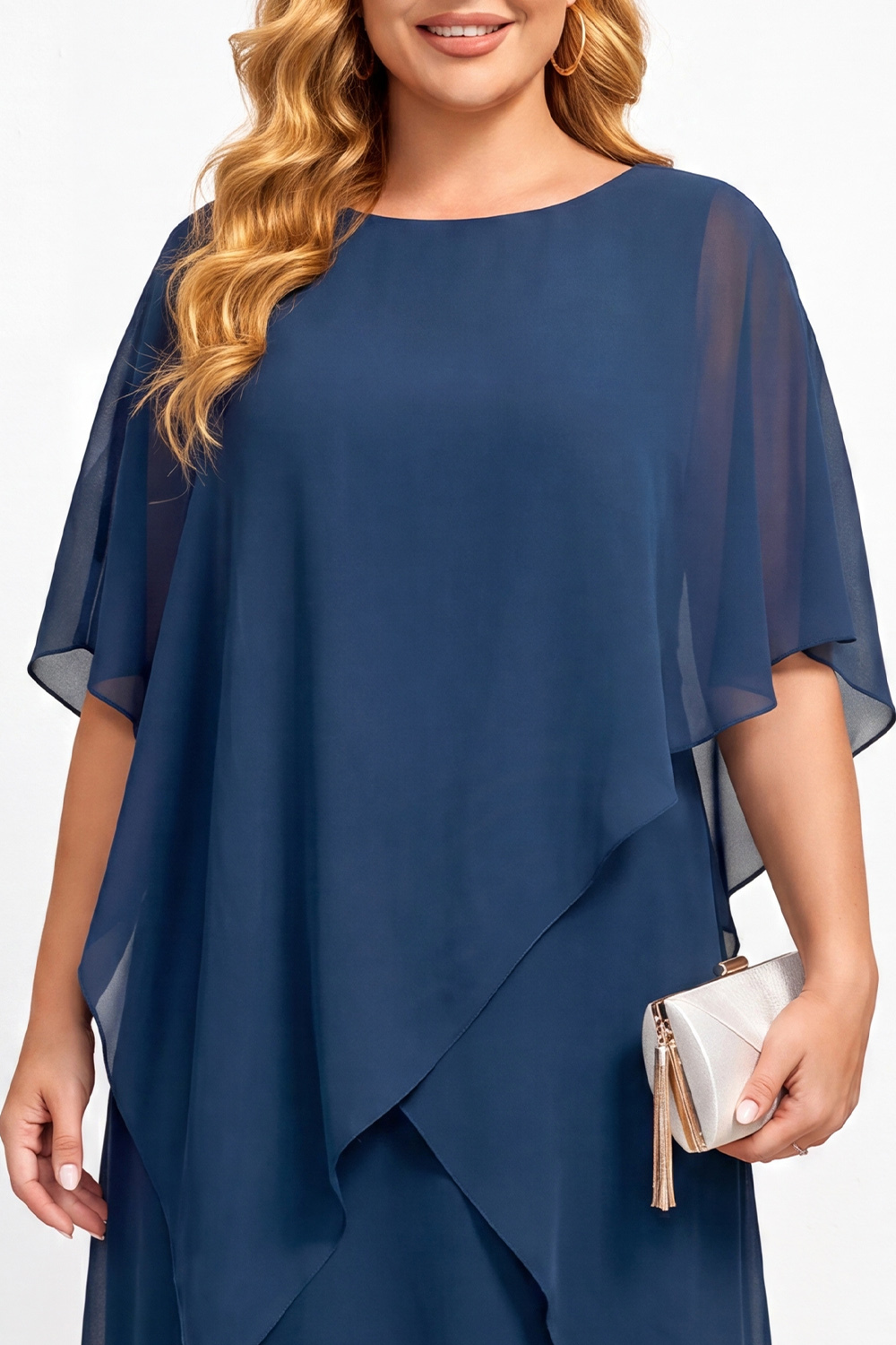 Navy Plus Size Chiffon A-Line Bateau Neck Midi Mother of the Bride Dress 