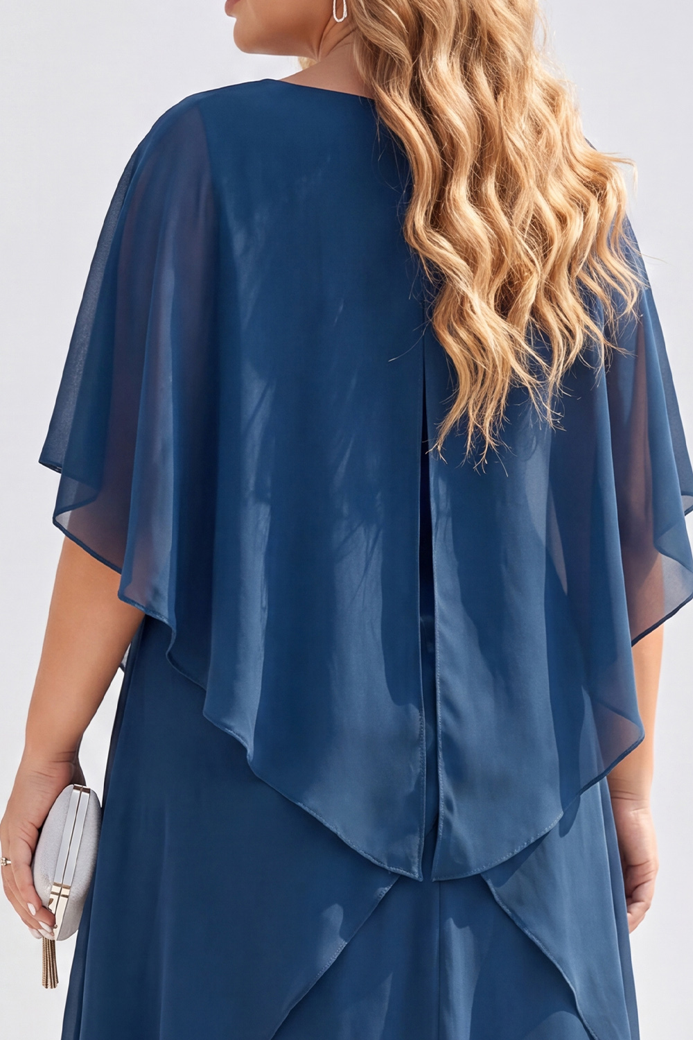 Navy Plus Size Chiffon A-Line Bateau Neck Midi Mother of the Bride Dress 