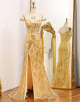 Sparkly Mermaid Off The Shoulder Golden Corset Prom Dress with Slit