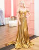 Stunning A Line Off the Shoulder Gold Long Prom Dress with Keyhole