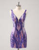 Sparkly Dark Purple Sequined Tight V Neck Homecoming Dress