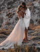 White A Line V-Neck Sweep Train Boho Wedding Dress with Slit