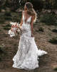 White V-neck 3D Flowers Mermaid Wedding Dress