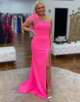 One Shoulder Hot Pink Prom Dress with Feathers