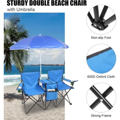 Silla Doble Plegable para Camping con Sombrilla, Portavasos, Nevera y Mesa Auxiliar, Resistente y Portátil para Playa, Patio, Piscina y Exterior (Azul)