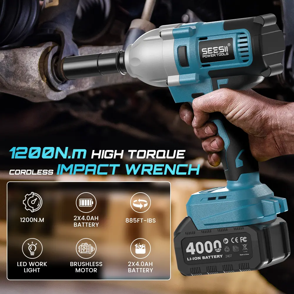Llave de Impacto Inalámbrica 1/2" de 1200 N·m, Batería de 4.0 Ah, 3300 RPM, con 6 Dados, Atornillador de Impacto Eléctrico para Automóviles, Taller y Uso Doméstico