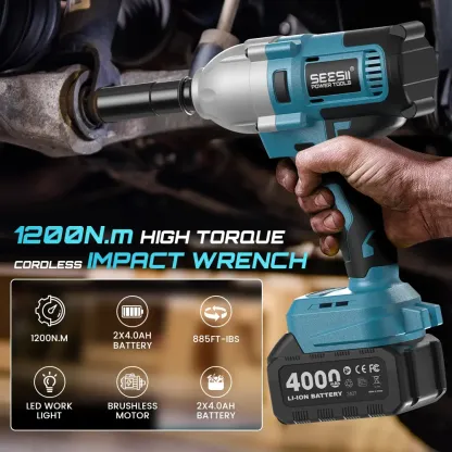 Llave de Impacto Inalámbrica 1/2" de 1200 N·m, Batería de 4.0 Ah, 3300 RPM, con 6 Dados, Atornillador de Impacto Eléctrico para Automóviles, Taller y Uso Doméstico