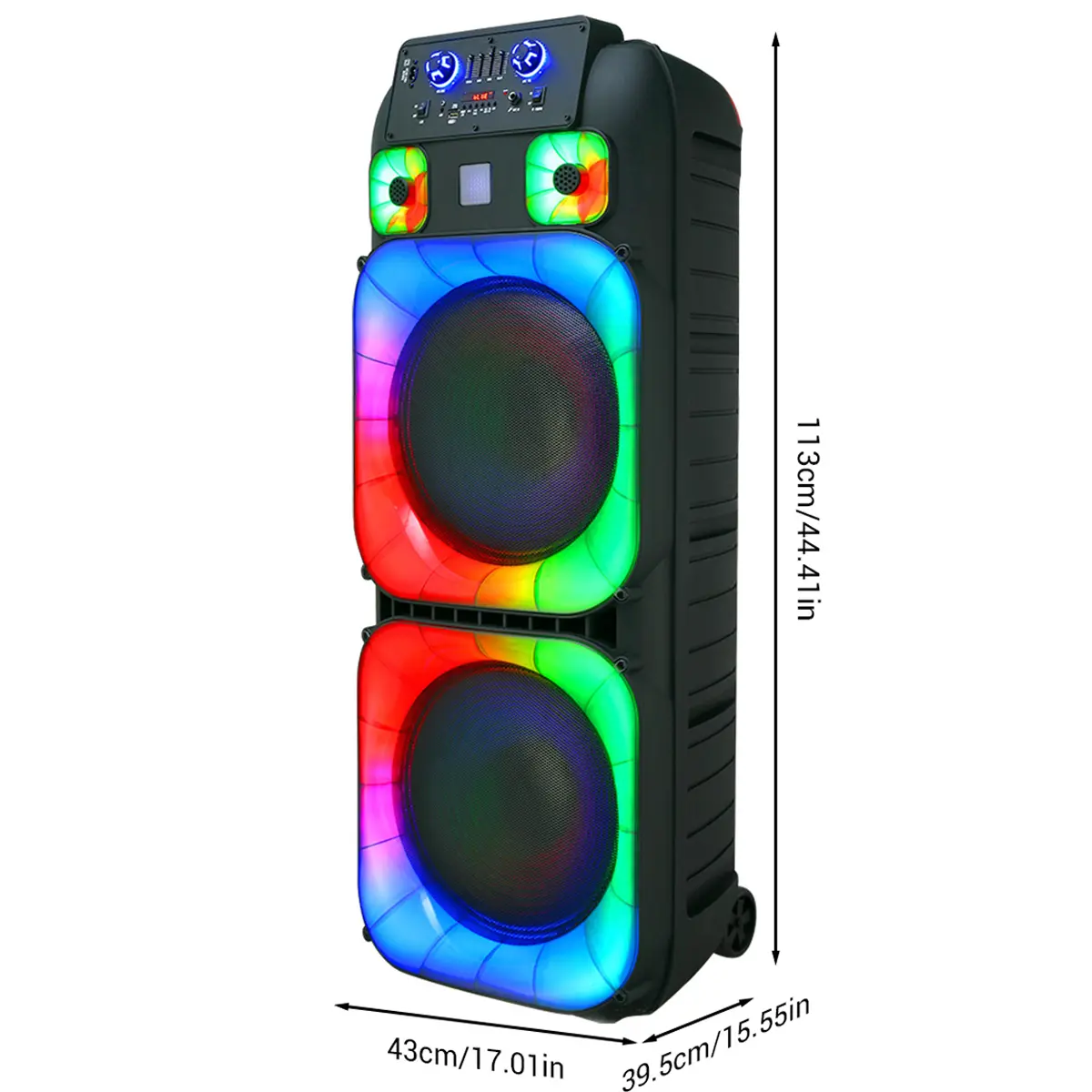 Sistema de Altavoces PA Bluetooth Portátil de Alta Potencia con Doble Bocina de 15", Inalámbrico y Recargable, Incluye Dos Micrófonos Inalámbricos, Control Remoto, Luces LED Multicolor para Fiestas y Sonido Estéreo, Ideal para DJ y Eventos