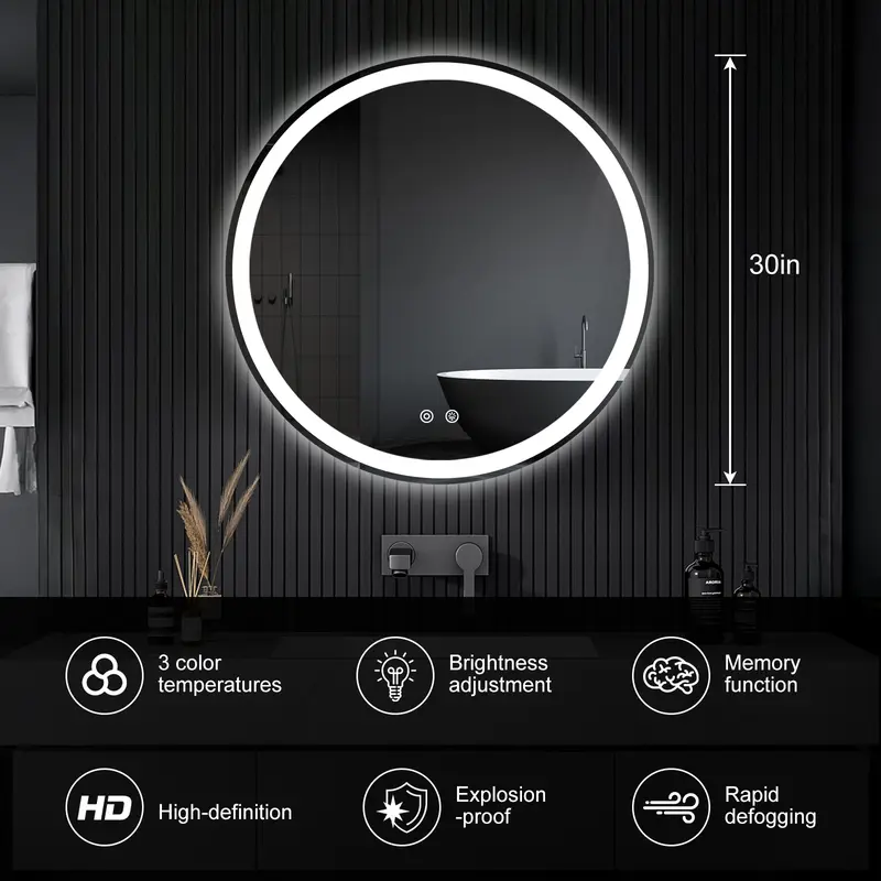Espejo LED de Baño con Antivaho y Luz Regulable, Espejo de Pared con Iluminación Ajustable para Tocador