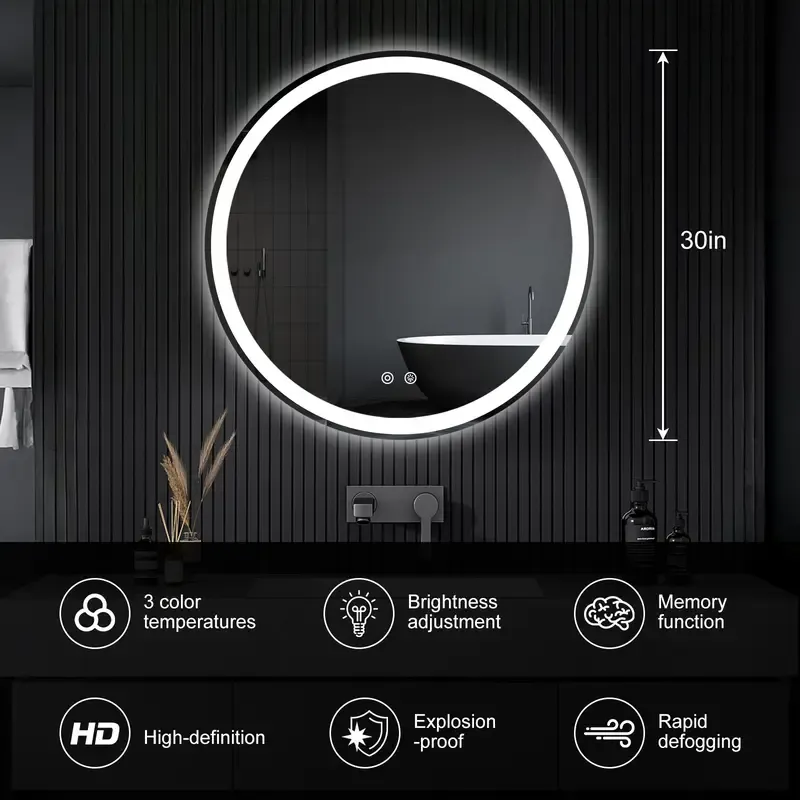 Espejo LED de Baño con Antivaho y Luz Regulable, Espejo de Pared con Iluminación Ajustable para Tocador