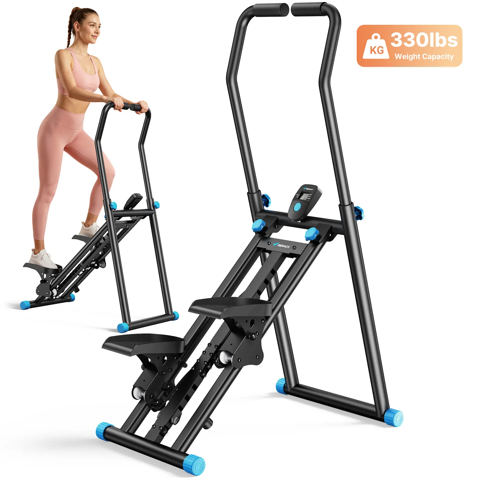 Máquina de ejercicio tipo escalador vertical compacto con pedales ajustables; ideal para gimnasio en casa y actividades recreativas.