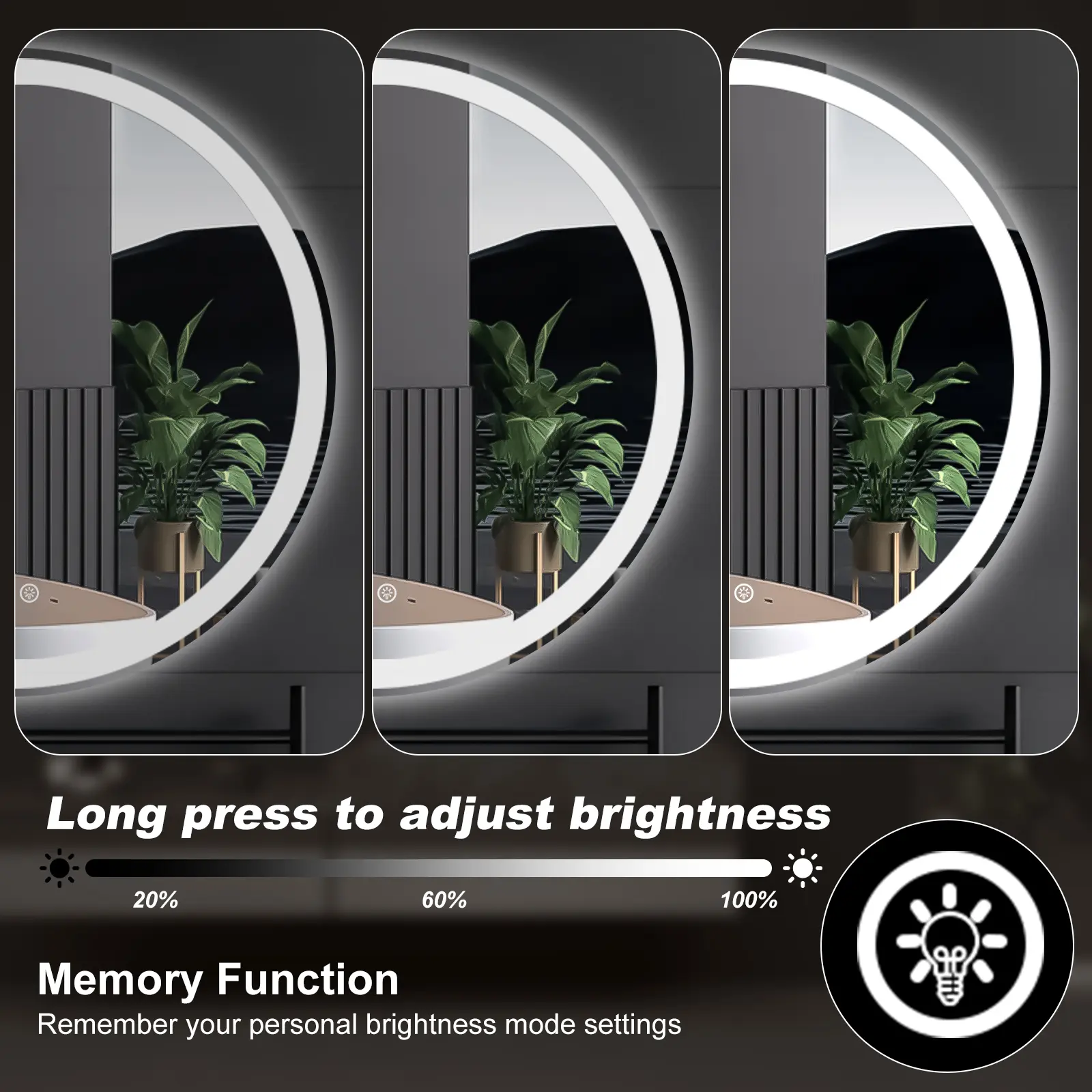 Espejo LED de Baño con Antivaho y Luz Regulable, Espejo de Pared con Iluminación Ajustable para Tocador