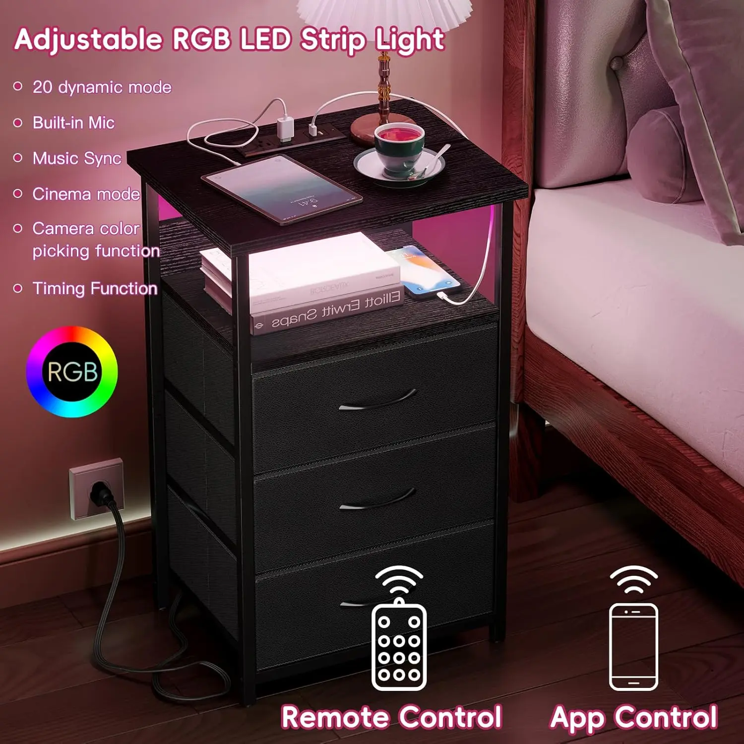 Mesita de Noche de 41" con Estación de Carga, Puertos USB y Enchufe, 3 Cajones de Tela, Diseño Multifuncional 3 en 1, Color Negro