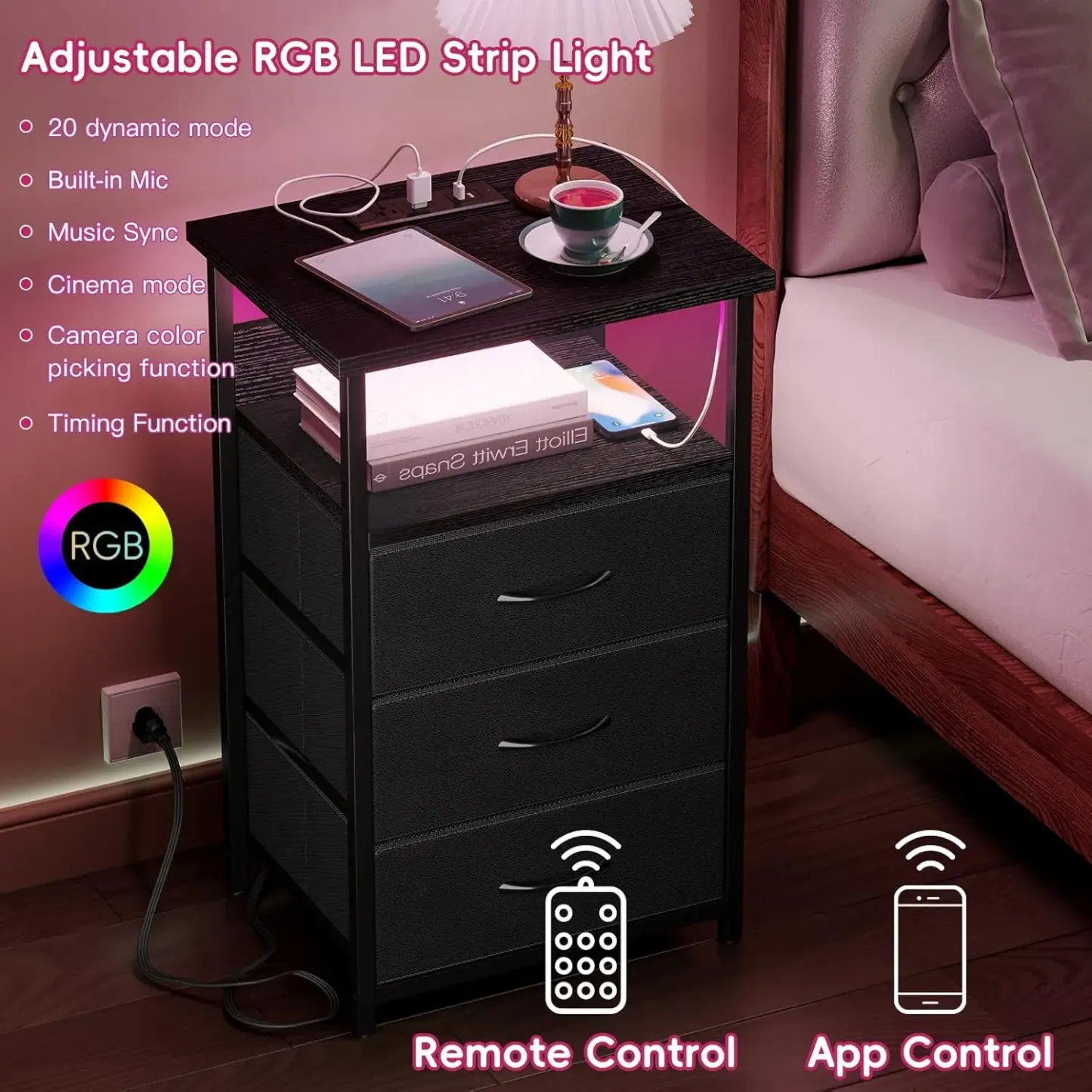 Mesita de Noche de 41" con Estación de Carga, Puertos USB y Enchufe, 3 Cajones de Tela, Diseño Multifuncional 3 en 1, Color Negro