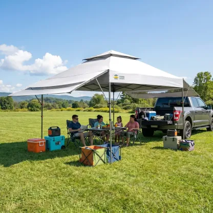 Carpa Plegable Instantánea de 10x10 FT para Exterior, Toldo Comercial con Bloqueo Central, Tela Impermeable 150D con Protección UV, Techo Extensible, Bolsas de Peso, Estacas y Bolsa de Transporte con Ruedas