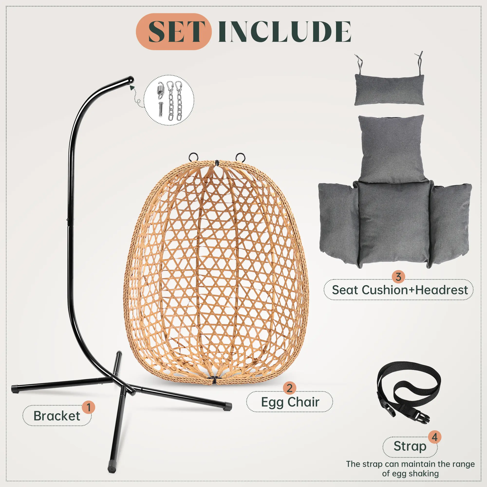 Silla Colgante Tipo Huevo de Ratán para Interior y Exterior, Soporta hasta 350 lb, con Cojín Cómodo para Patio, Jardín y Balcón
