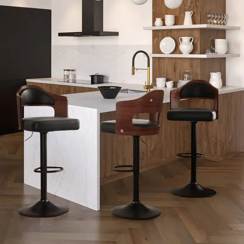 Juego de 1 o 2 taburetes de bar giratorios con altura ajustable (24,5-33,5 pulgadas); taburetes de madera tapizados en piel sintética, con respaldo y reposapiés, ideales para bar, cocina o comedor.