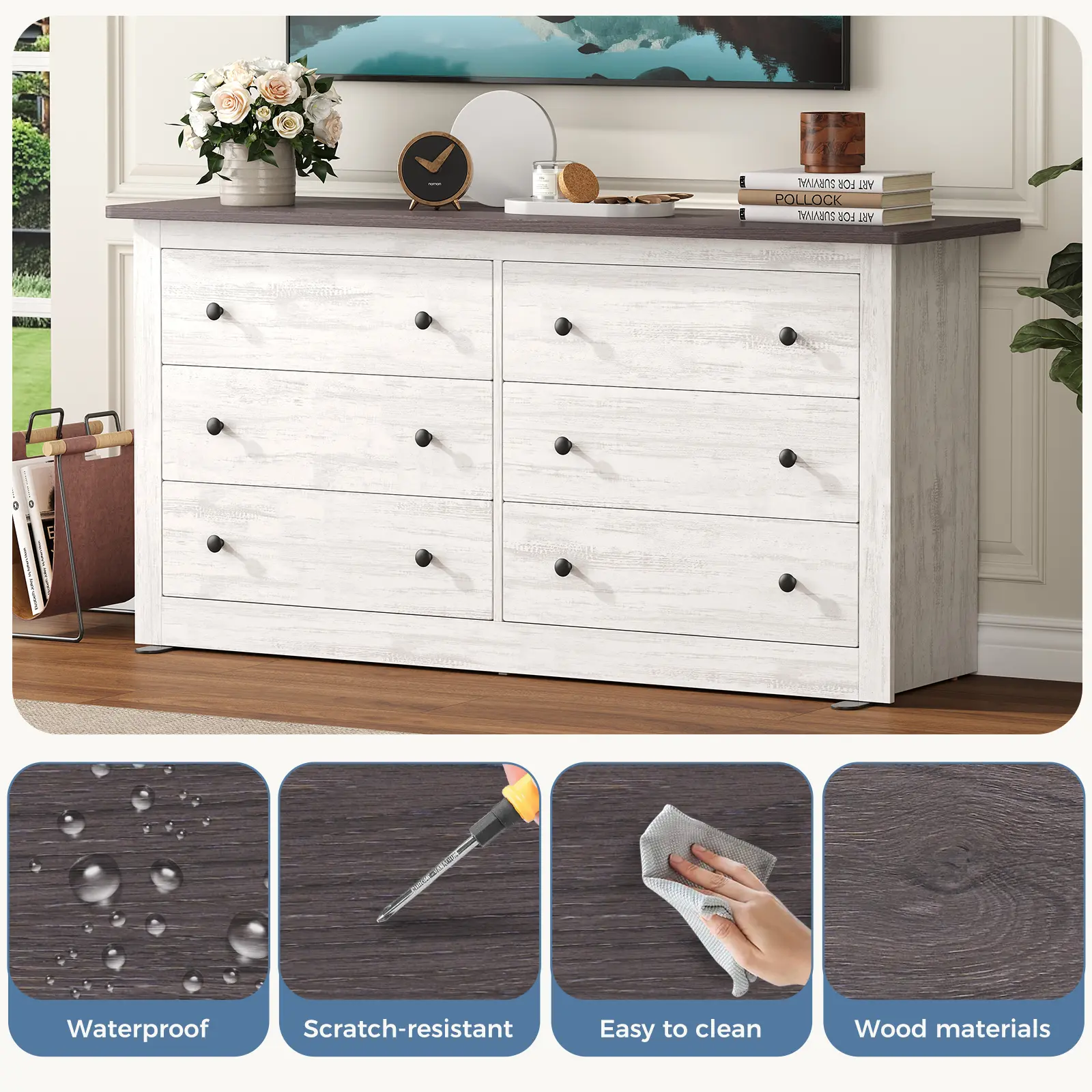 Cómoda de madera de 59 pulgadas con 6 cajones; mueble de almacenamiento estilo vintage para dormitorio y sala de estar.