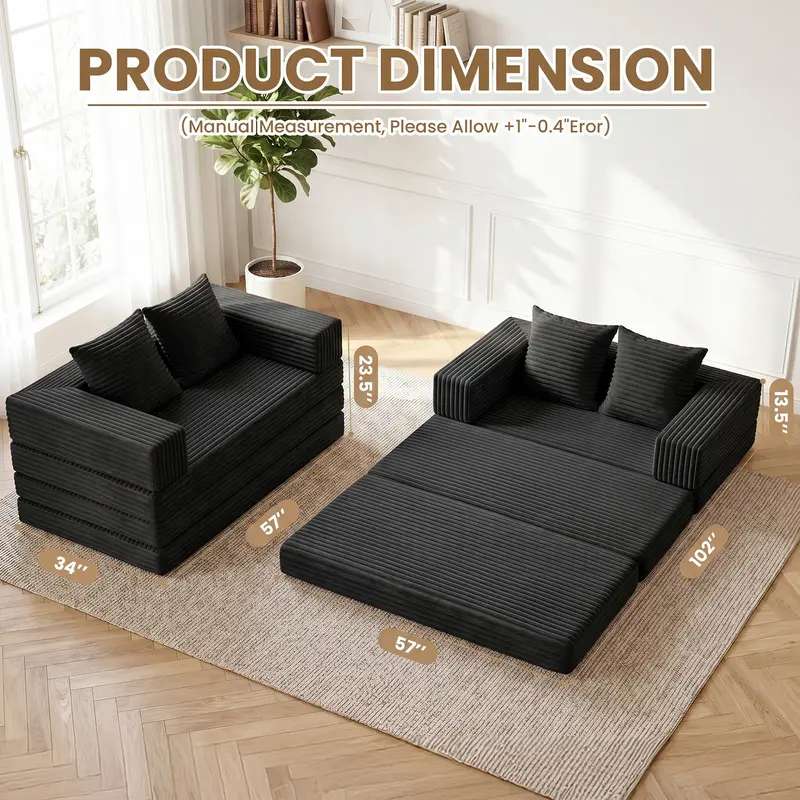 Sofá cama plegable convertible 5 en 1 (tamaño Queen) con colchón de tres pliegues y reposabrazos; sofá futón de suelo sin estructura para sala de estar, dormitorio o apartamento.