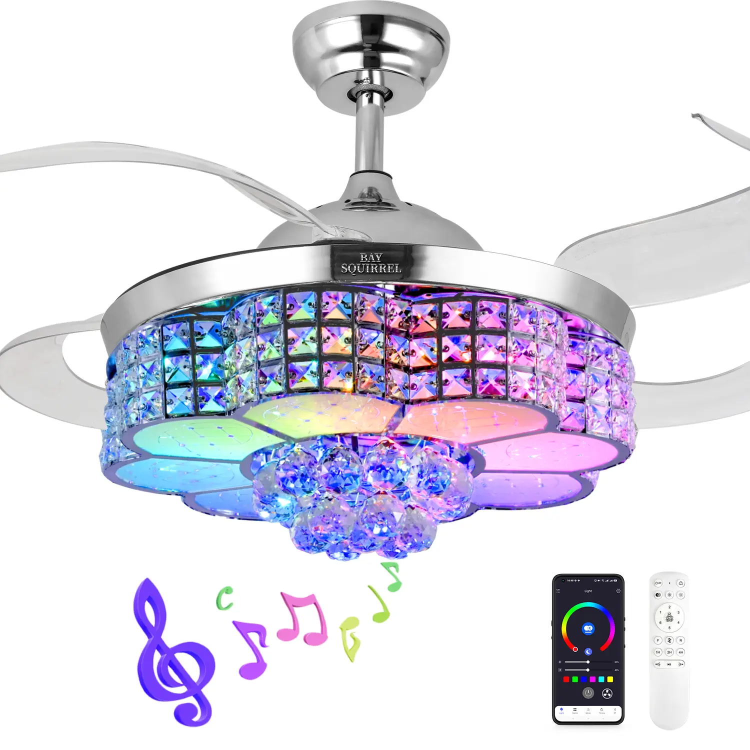 Ventilador de Techo Retráctil de Cristal con Altavoz, Control Remoto y APP, Motor Reversible de 6 Velocidades, Luz RGB Multicolor Ajustable, Luces LED Regulables, Iluminación Colorida, Luz Nocturna con Cambio de Color, Decoración para Habitación y Regalo
