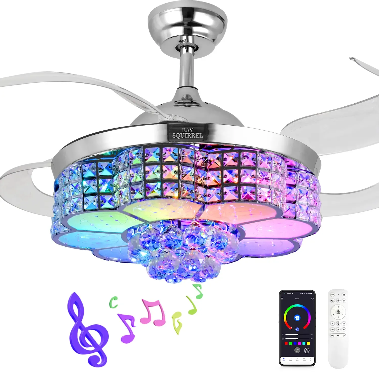 Ventilador de Techo Retráctil de Cristal con Altavoz, Control Remoto y APP, Motor Reversible de 6 Velocidades, Luz RGB Multicolor Ajustable, Luces LED Regulables, Iluminación Colorida, Luz Nocturna con Cambio de Color, Decoración para Habitación y Regalo