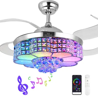 Ventilador de Techo Retráctil de Cristal con Altavoz, Control Remoto y APP, Motor Reversible de 6 Velocidades, Luz RGB Multicolor Ajustable, Luces LED Regulables, Iluminación Colorida, Luz Nocturna con Cambio de Color, Decoración para Habitación y Regalo