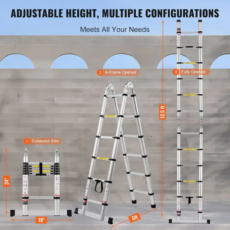 Escalera telescópica de 12.5 pies — De aluminio, ligera, multiusos y plegable — Retracción con un solo toque — Alta resistencia (capacidad máx. de 330 lb) con pies antideslizantes — Ideal para el hogar, trabajos al aire libre y acceso a desvanes.