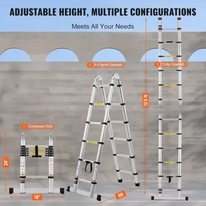 Escalera telescópica de 12.5 pies — De aluminio, ligera, multiusos y plegable — Retracción con un solo toque — Alta resistencia (capacidad máx. de 330 lb) con pies antideslizantes — Ideal para el hogar, trabajos al aire libre y acceso a desvanes.