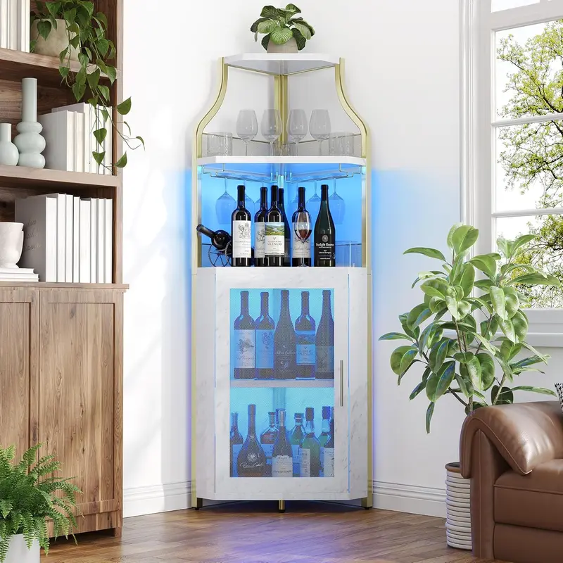 Mueble esquinero para vinos con estante extraíble y puerta estilo granero de 5 niveles