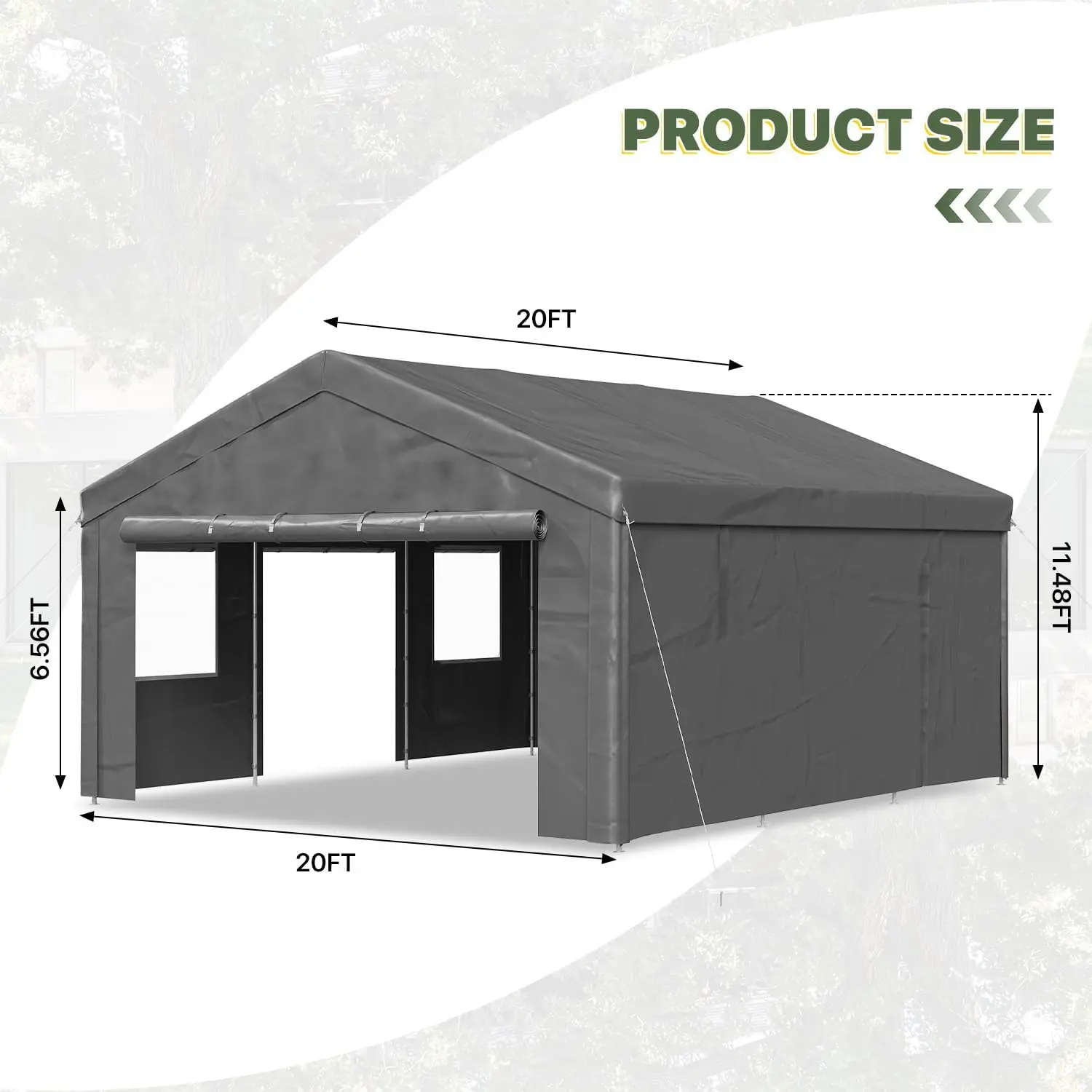 Cochera portátil resistente (opciones de 10x20, 12x20 o 20x20 pies) con ventanas enrollables y paredes laterales y puertas desmontables; refugio impermeable para automóviles, camionetas, SUV y embarcaciones (color gris).