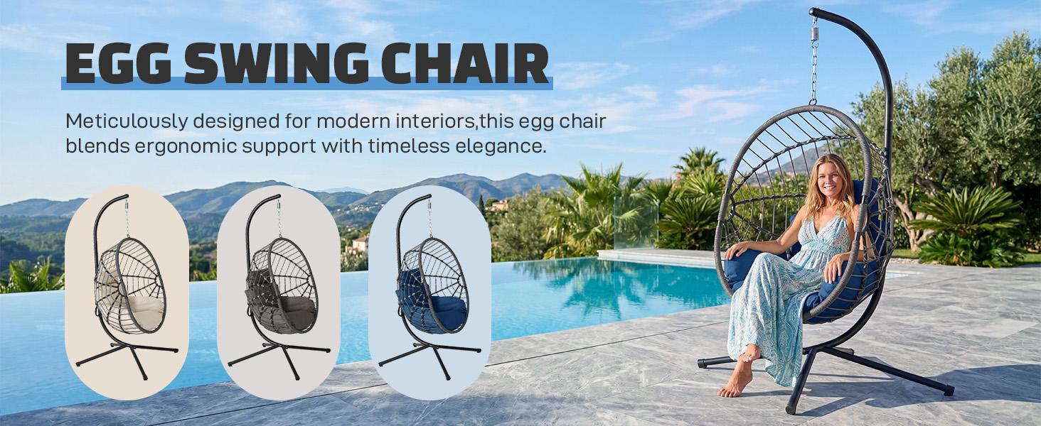 RIWENGO Hanging Egg Chair with Stand &ndash; Handwoven Rattan Patio Swing with Cushion, 350lb Capacity &ndash; Indoor/Outdoor Chic for Patio, Garden & Poolside