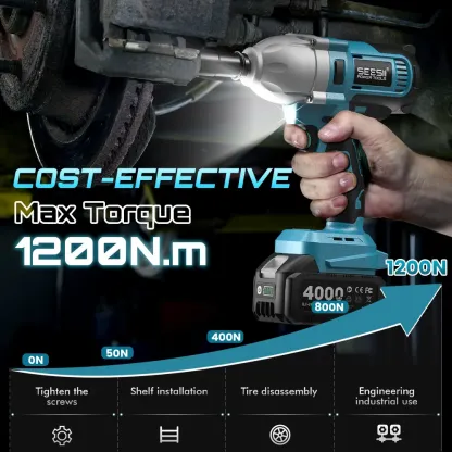 Llave de Impacto Inalámbrica 1/2" de 1200 N·m, Batería de 4.0 Ah, 3300 RPM, con 6 Dados, Atornillador de Impacto Eléctrico para Automóviles, Taller y Uso Doméstico